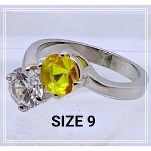 Silver Tone Bypass Ring Two Stone Yellow Sapphire Clear CZ Round Cut Size 9